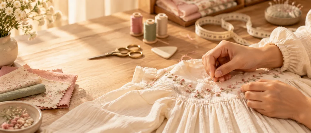 Hands embroidering small flowers along the neckline of a child’s ivory cotton dress (illustrative)