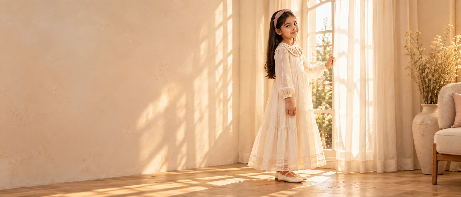 A girl in a long ivory dress standing by a sunlit window, holding back a sheer curtain