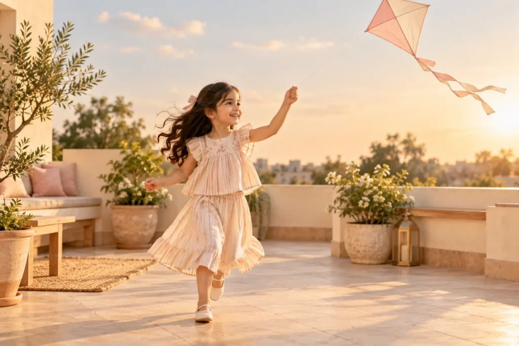 A girl in a striped cotton outfit running across a rooftop terrace at sunset, flying a kite