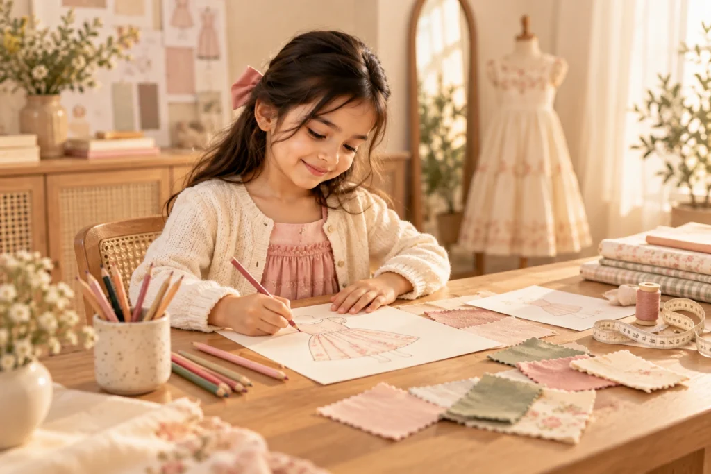 A girl colouring a drawing of a dress at a table spread with fabric swatches