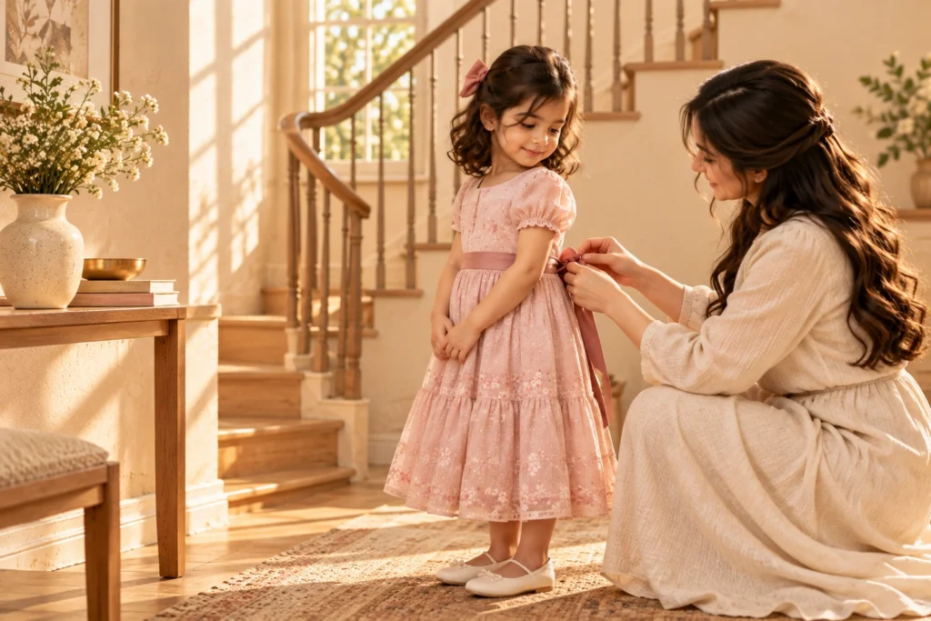 A mother tying the satin sash of her daughter’s blush floral dress at the foot of a sunlit staircase