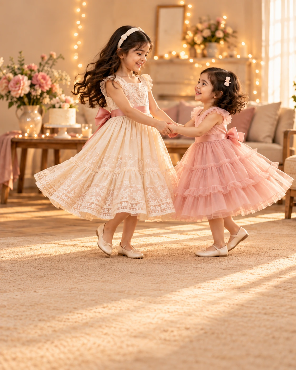 Two sisters in ivory lace and blush tulle party dresses holding hands and twirling at a birthday celebration