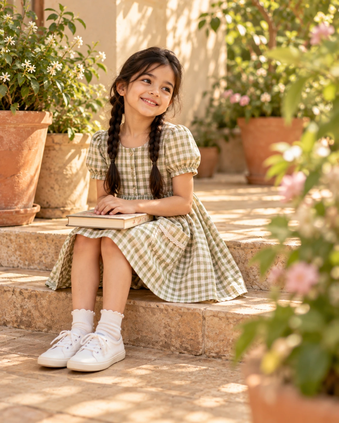A girl with two braids in a sage gingham dress sitting on sunlit garden steps with a book
