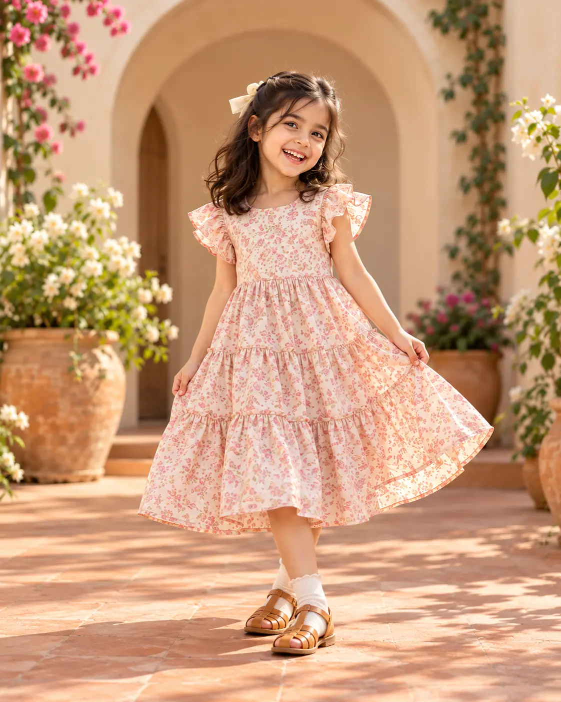 A laughing girl in a blush floral tiered dress swishing her skirt in a sunlit courtyard