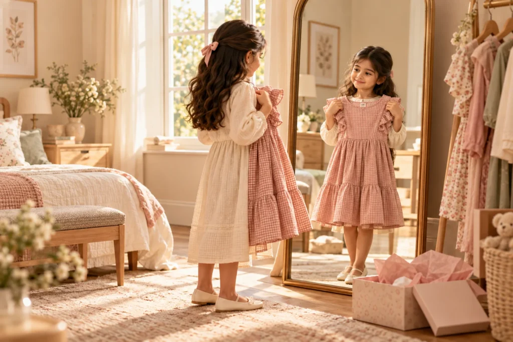 A girl holding a pink gingham dress up to herself in front of a bedroom mirror, beside an open gift box