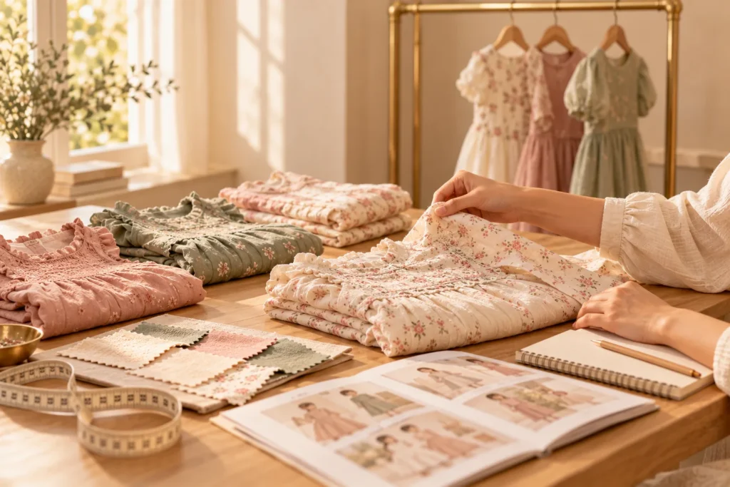 Folded girls’ dresses in blush, sage and ivory on a showroom table beside fabric swatches and a rail of sample dresses